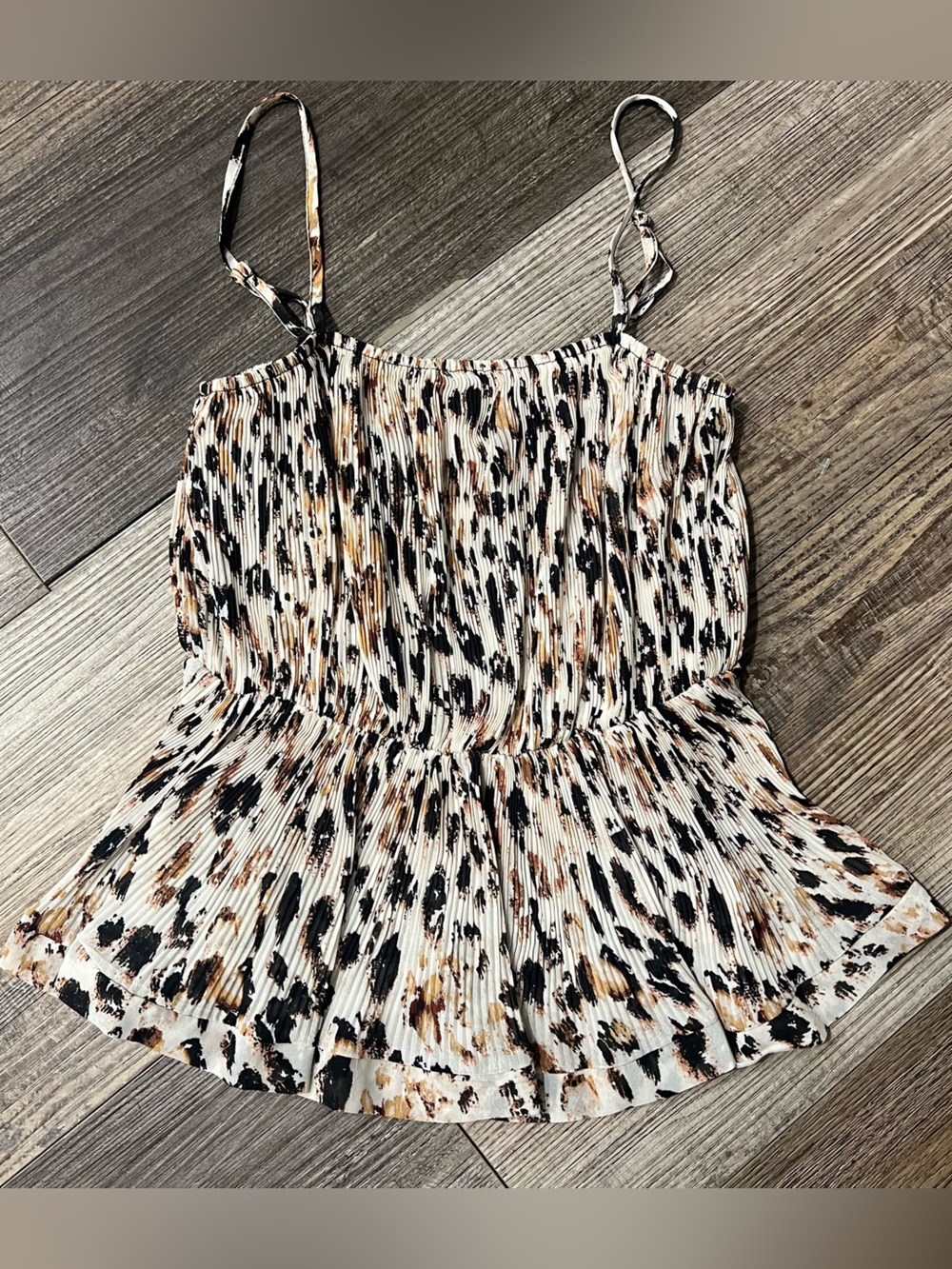 Gimmicks by BKE Leopard Pleated Peplum Tank Too Small Ruched Cami Y2K